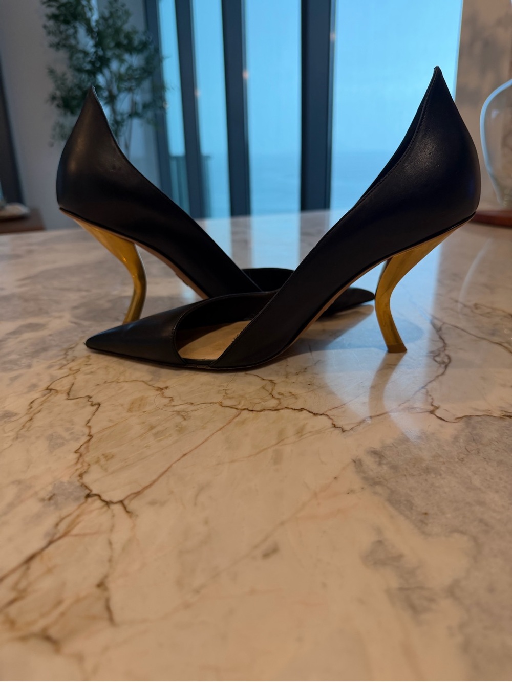 Dior Black Pointed-Toe Pumps with Gold Sculptural Heels